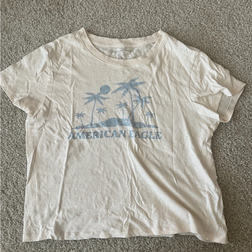 American Eagle Outfitters Cream and Blue Short Sleeve Tee